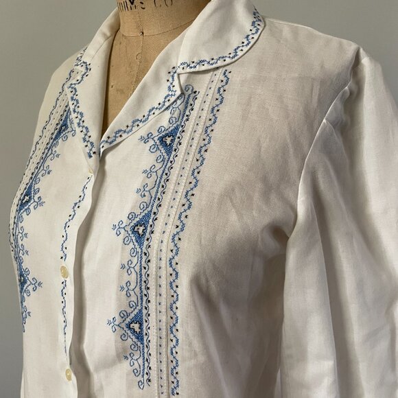 60s 70s Greek Boho Light Cotton Blend Embroider Needlepoint Button Up Blouse Med - Picture 6 of 13
